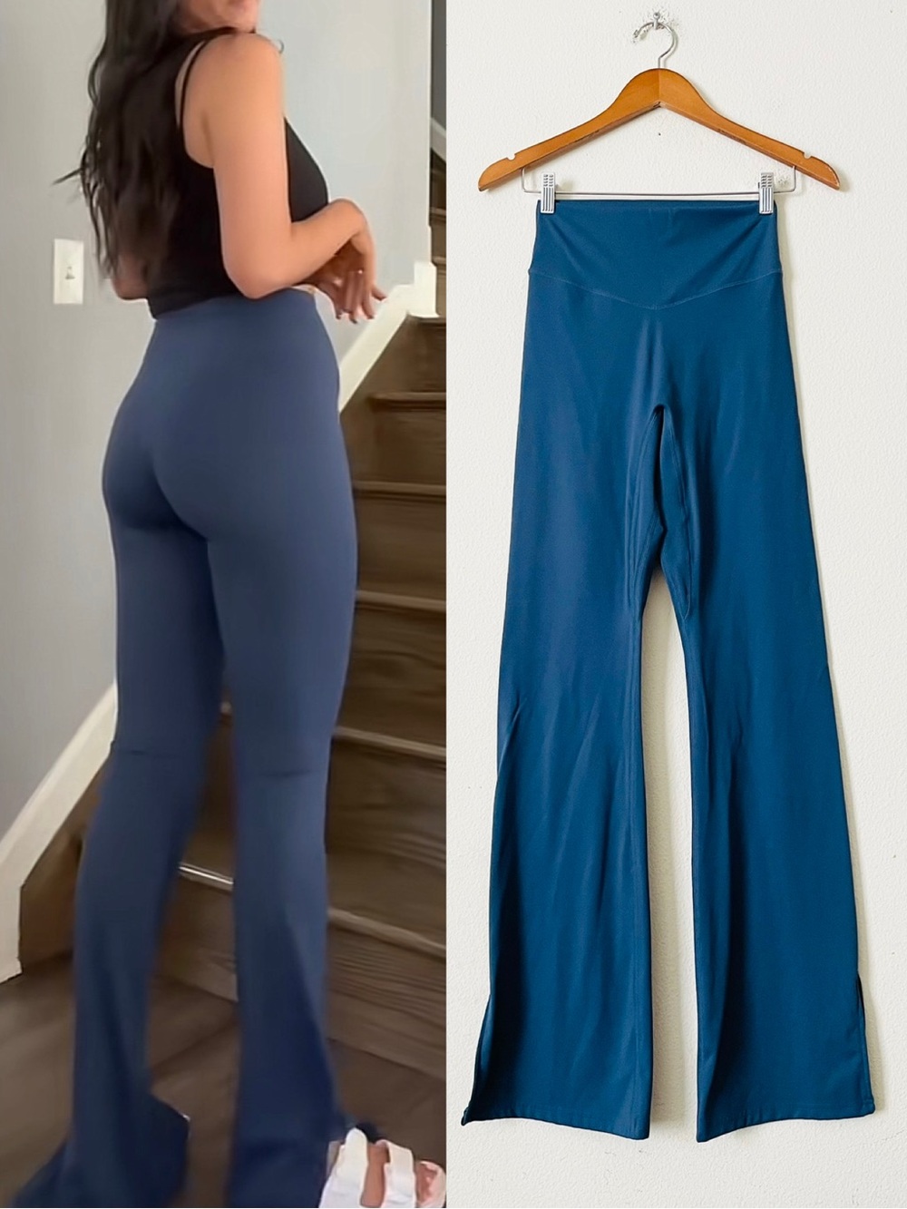 Vitality MEDIUM 34” high rise no front seam flared slit hem leggings in blue